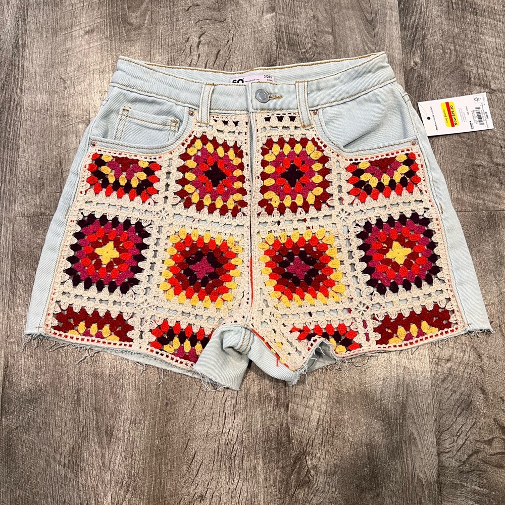 SO Red and Yellow Crochet Jean Shorts